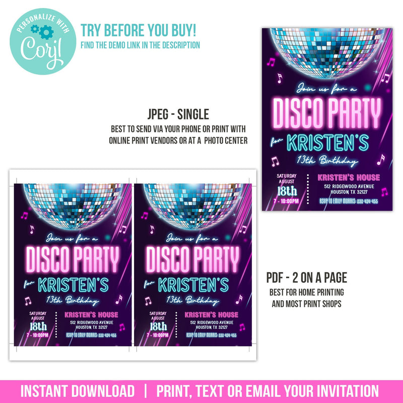 Neon Glow Disco Party Invitation. Editable Glow in the Dark Disco Birthday Digital Invite