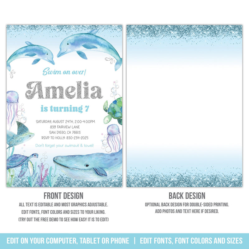 Dolphins Birthday Invitation. EDITABLE Under the Sea Party Invite for Girls. Edit in Corjl DO2
