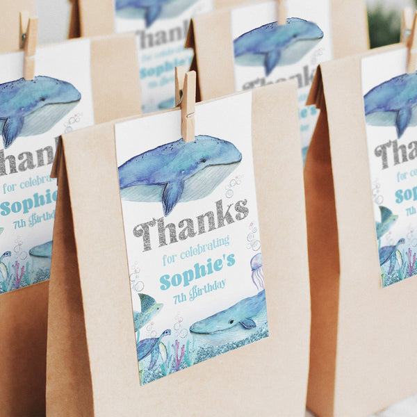 Whale theme Under the Sea birthday Thank You tags. Features whales and sea creatures with pretty glitter silver accents.