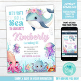 Under the Sea Birthday Invitation. Editable Party Invite. Whale, Octopus, Jellyfish Digital Invitation US1