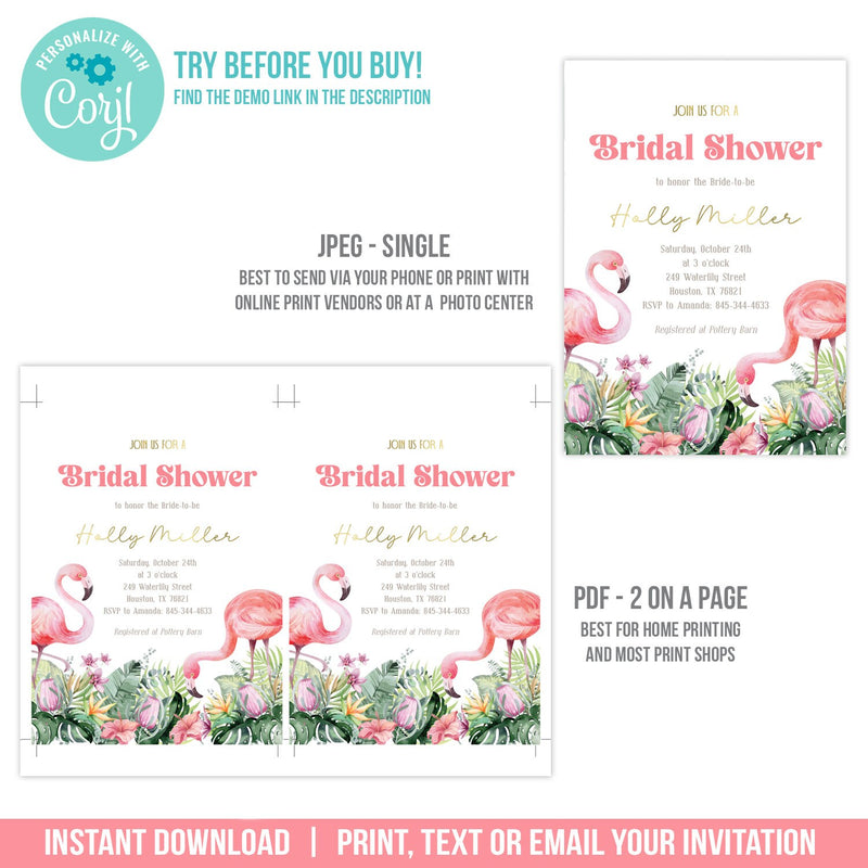 Flamingo Bridal Shower Invitation. EDITABLE Tropical Flamingos Bridal Invite. BOH3