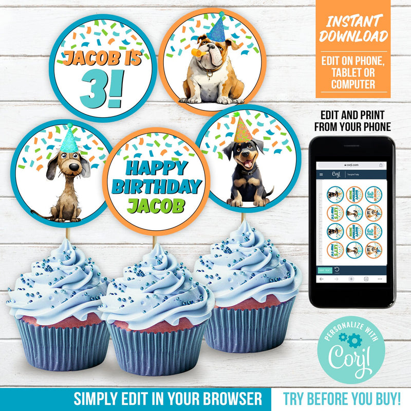 Puppy Dog Theme Cupcake Toppers. EDITABLE Paw-ty Decoration Topper Template for Boys PAW1