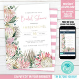 Bridal Shower Invitation. Bohemian Proteas Gold Boho EDITABLE Invite for a Bridal Shower BOH1