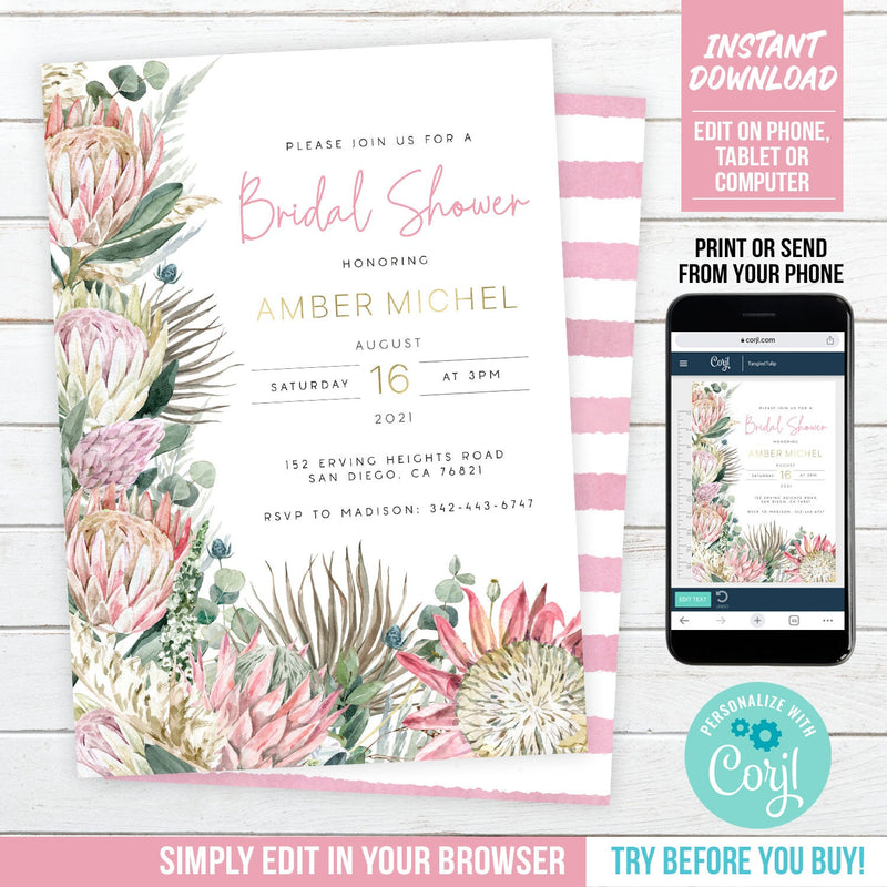 Bridal Shower Invitation. Bohemian Proteas Gold Boho EDITABLE Invite for a Bridal Shower BOH1