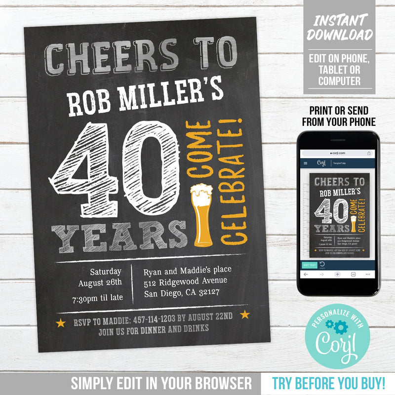 Editable Cheers to 40 Years Birthday Invitation, Beer theme digital invite for a man. Silver