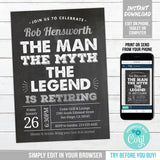 Editable Retirement Party Invitation for The Man, The Myth, The Legend. Retiring Invite for Him. Silver. Instant Download RE1