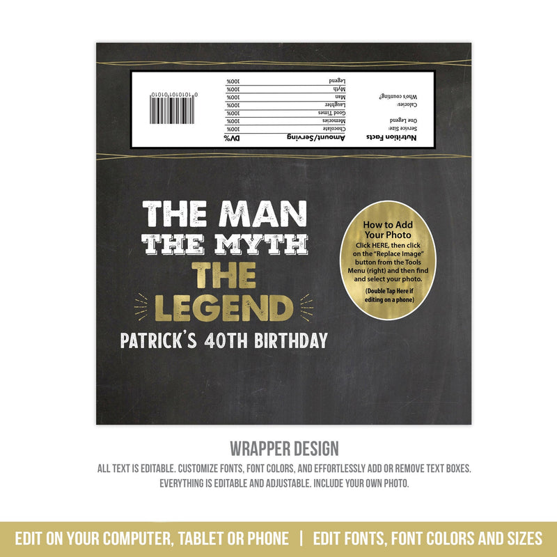 Custom Birthday Hershey Candy Bar Wrapper Template. EDITABLE Gold Chocolate Wrapper Man Party MM40 MM50
