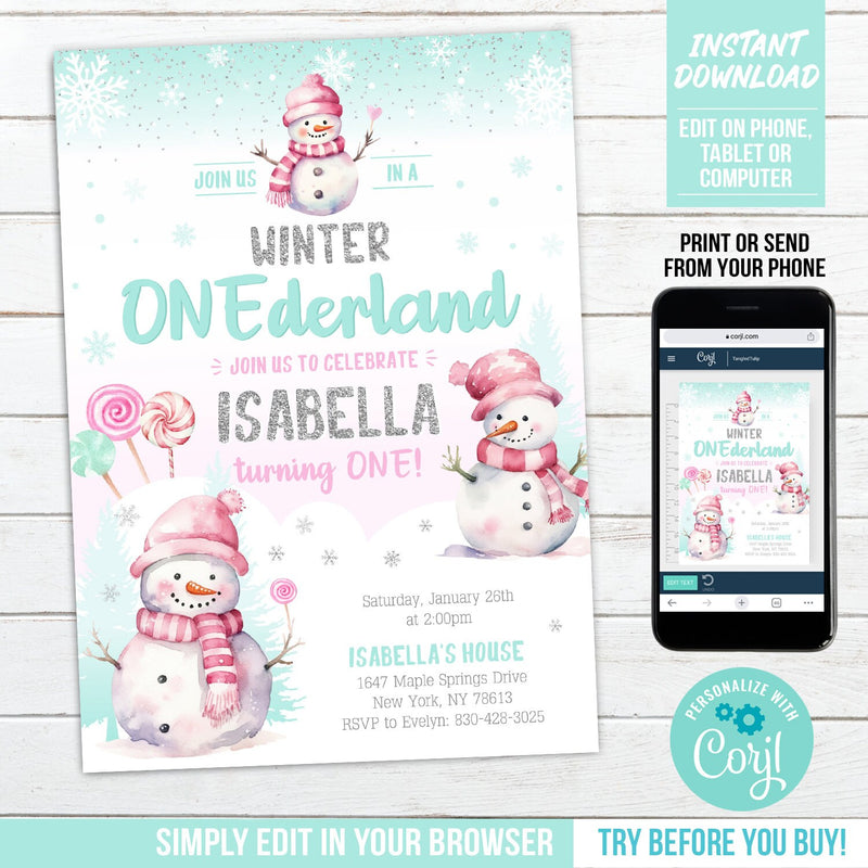 Winter ONEderland Invitation Template Girl Editable Snowman Party Invite