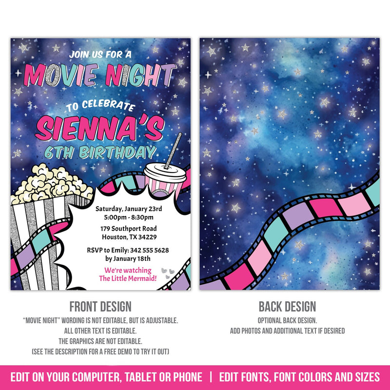 Movie Night Birthday Invitation. EDITABLE Movies Party Invite for Girls. Popcorn Stars Glitter Movie Strip MO2