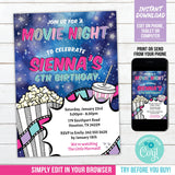 Movie Night Birthday Invitation. EDITABLE Movies Party Invite for Girls. Popcorn Stars Glitter Movie Strip MO2