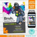 Editable Paintball Party Invitation. Bruh, Paintball Birthday Digital Invite with Paint Splats for Boy