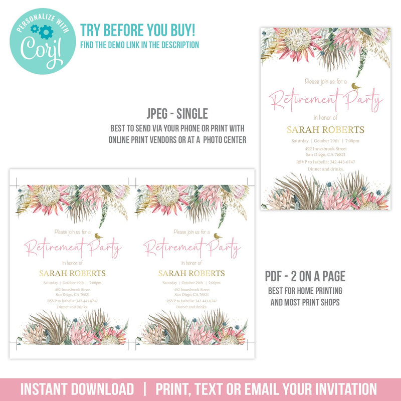 Retirement Party Invitation for a Woman. EDITABLE Boho Floral Retiring Invite. Gold BOH1 RE2