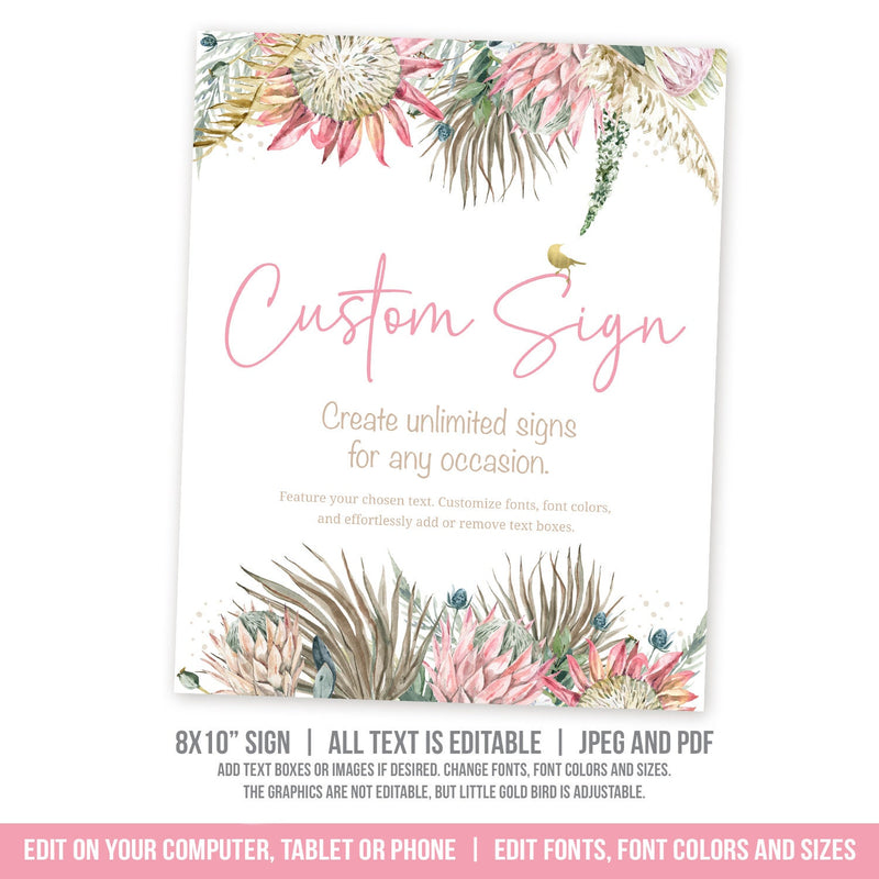 Floral Custom Sign. EDITABLE for Any Occasion. Bohemian Floral and Gold Sign Template. Any Occasion. BOH1