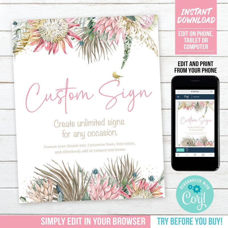 Floral Custom Sign. EDITABLE for Any Occasion. Bohemian Floral and Gold Sign Template. Any Occasion. BOH1