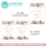 Bridal Shower Invitation in a Boho theme. EDITABLE Bohemian Proteas Bridal Shower Invite, Gold Accents BOH1