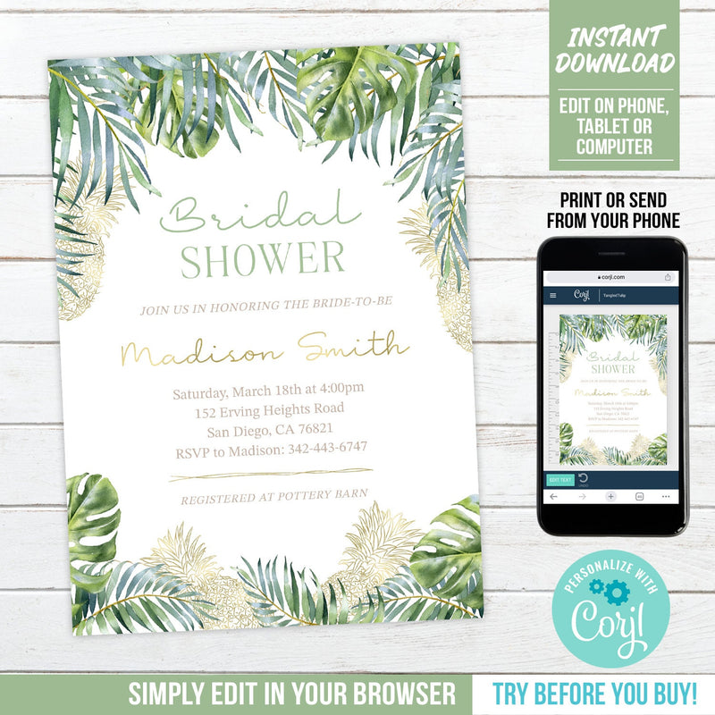 Bridal Shower Invitation Tropical Leaves, Gold Pineapples. EDITABLE Bridal Shower Invite, Corjl BOH2