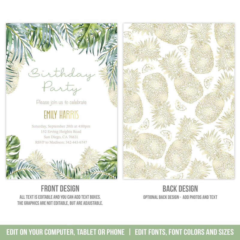 Editable Tropical Birthday Invite for a Woman. Elegant tropical leaves and Gold Pineapples Digital Invite