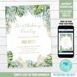 Editable Tropical Birthday Invite for a Woman. Elegant tropical leaves and Gold Pineapples Digital Invite