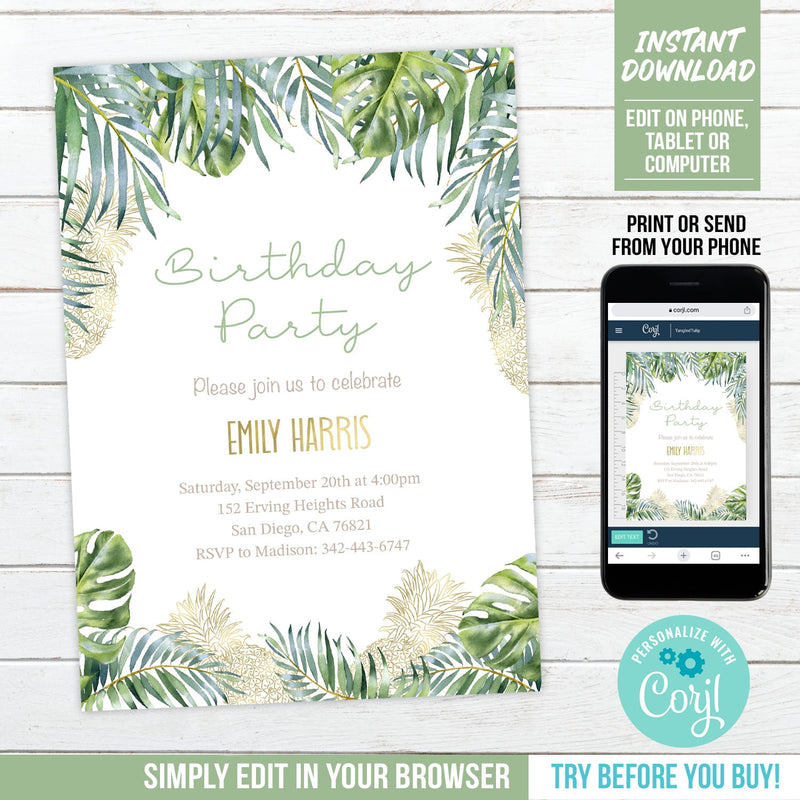 Editable Tropical Birthday Invite for a Woman. Elegant tropical leaves and Gold Pineapples Digital Invite