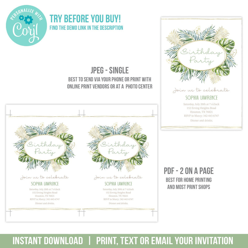 Editable Tropical Birthday Invitation for a Woman, Tropical Leaves and Gold Pineapples Digital Invite