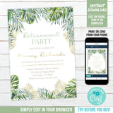 Editable Tropical Retirement Party Invitation. Woman Retirement Digital Invite with Gold Pineapples