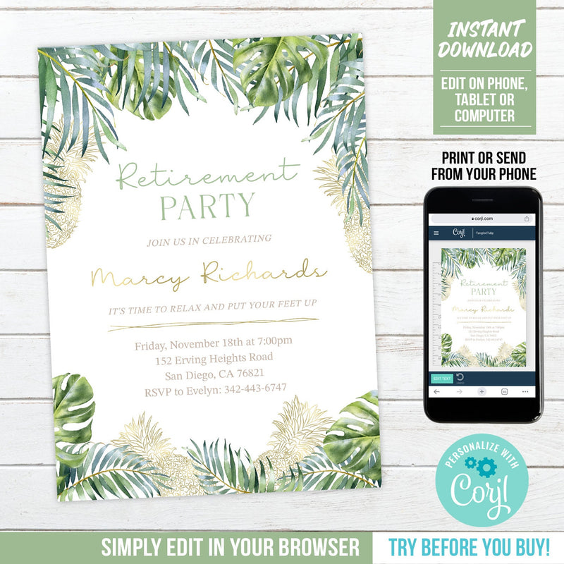 Tropical Retirement Party Invite. EDITABLE Woman Retirement Invitation with Gold Pineapples. Tropical Leaves BOH2 RE2