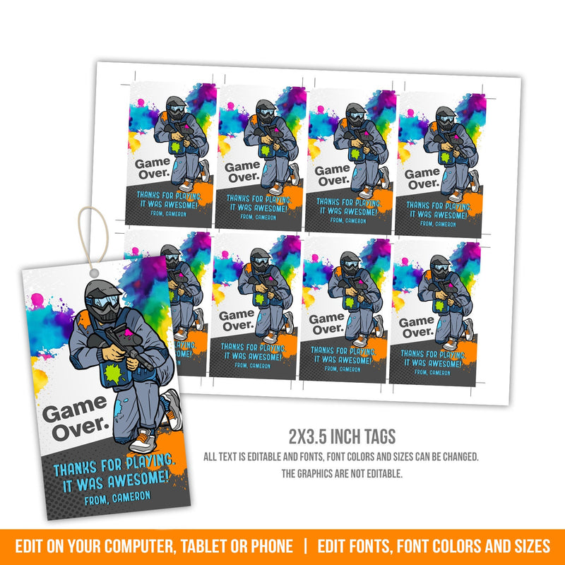 Paintball Party Favor Tags. EDITABLE Paintball Birthday Thank You Tags. Game Over PAI1