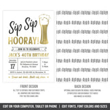 Editable Sip Sip Hooray! Birthday Invitation for a Man, Beer Theme 40th Party Digital Invite