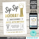 Editable Sip Sip Hooray! Birthday Invitation for a Man, Beer Theme 40th Party Digital Invite