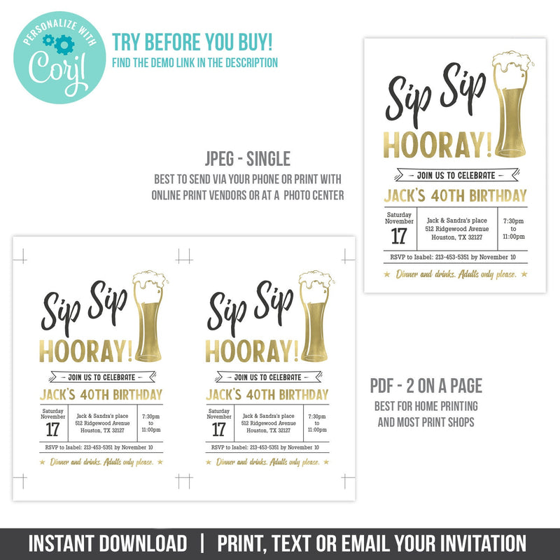 Editable Sip Sip Hooray! Birthday Invitation for a Man, Beer Theme 40th Party Digital Invite