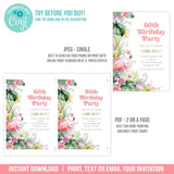 Flamingo Tropical 60th Birthday Party Invitation. EDITABLE Tropical Flowers Invite for Any Age BOH3