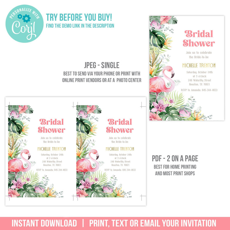 Tropical Flamingo Bridal Shower Invitation. EDITABLE Floral and Gold Bridal Shower Invite, Corjl BOH3