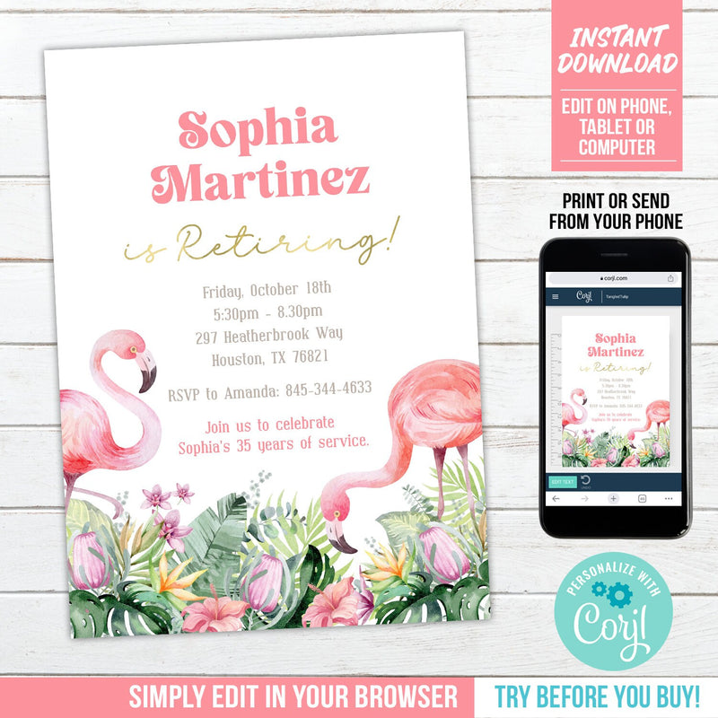 Retirement Party Invitation with Flamingos, Editable Tropical Floral Digital Invite, Woman