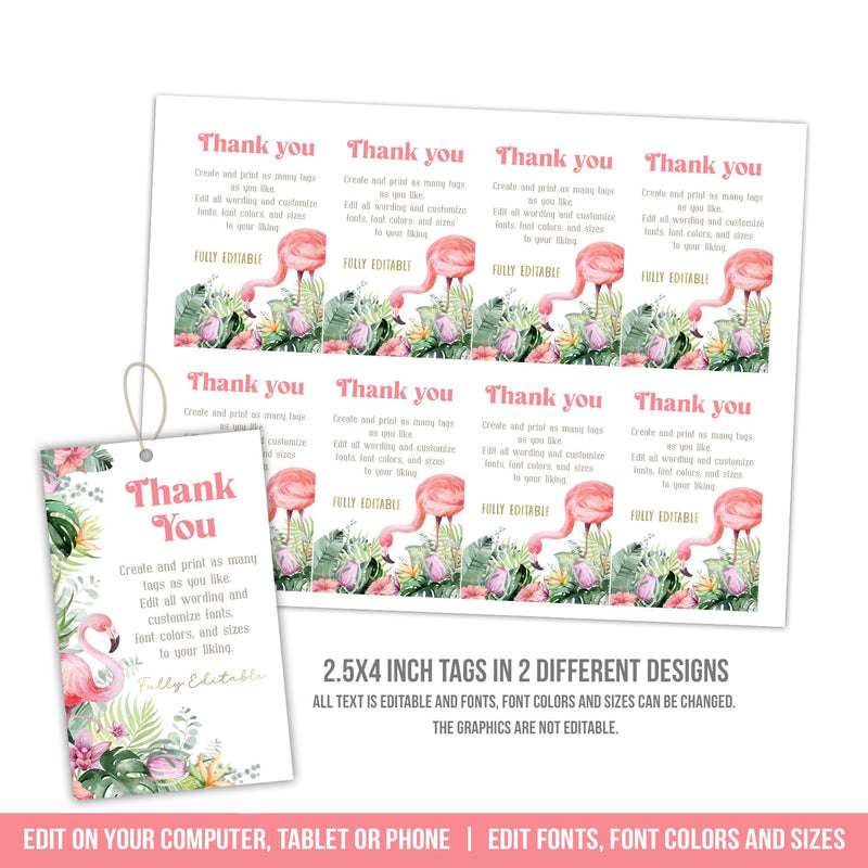 Favor Gift Tags for Any Occasion. EDITABLE Flamingo and Floral with Gold Tag Template Instant Download BOH3