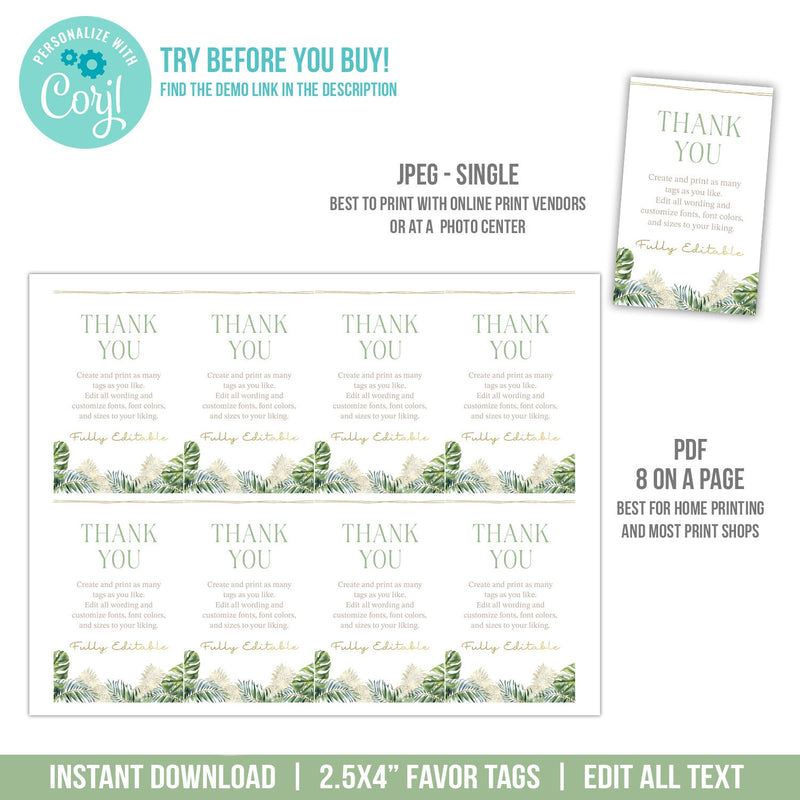 Favor Gift Tags for Any Occasion. EDITABLE Thank You Tag Template. Tropical Leave Gold Pineapples BOH2