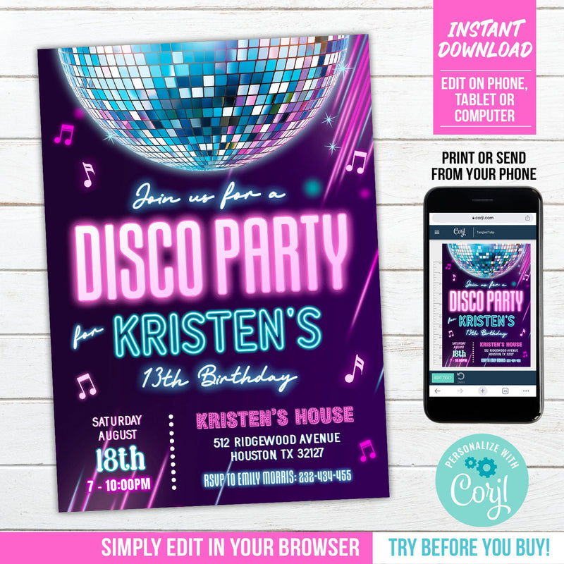 Neon Glow Disco Party Invitation. Glow in the Dark Disco Ball EDITABLE Birthday Invite Teen Tween GLO1