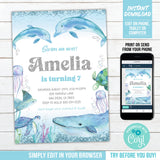 Dolphins Birthday Invitation. EDITABLE Under the Sea Party Invite for Girls. Edit in Corjl DO2