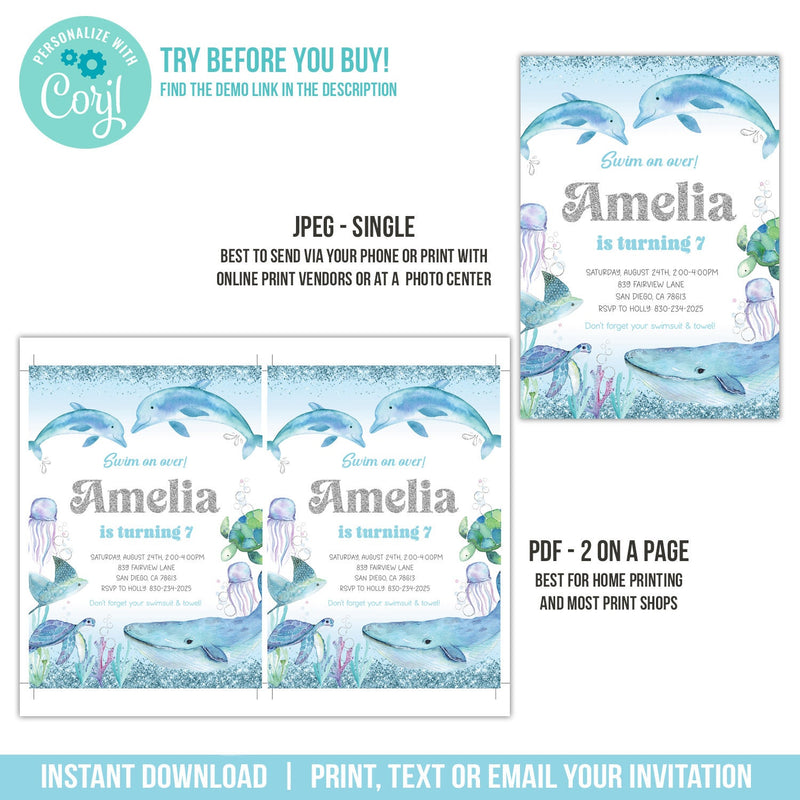 Dolphins Birthday Invitation. EDITABLE Under the Sea Party Invite for Girls. Edit in Corjl DO2