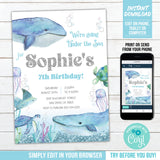 Whales Birthday Invitation. EDITABLE Under the Sea Party Invite. Girls Digital Download Invitation DO2