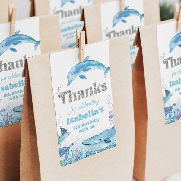 Dolphin theme Under the Sea birthday Thank You tags. Features a dolphin and sea creatures with pretty glitter silver accents. Perfect for Thank You Tags and dolphin party decorations. 