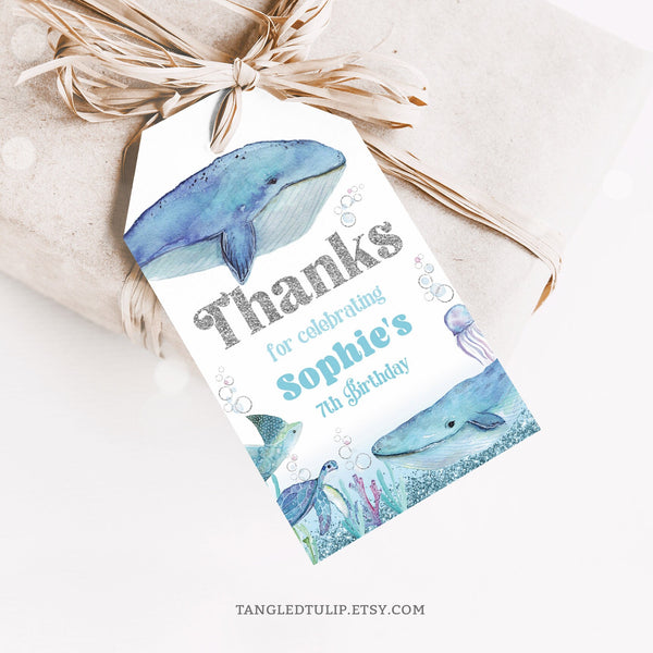 Whale theme Under the Sea birthday Thank You tags. Features whales and sea creatures with pretty glitter silver accents.