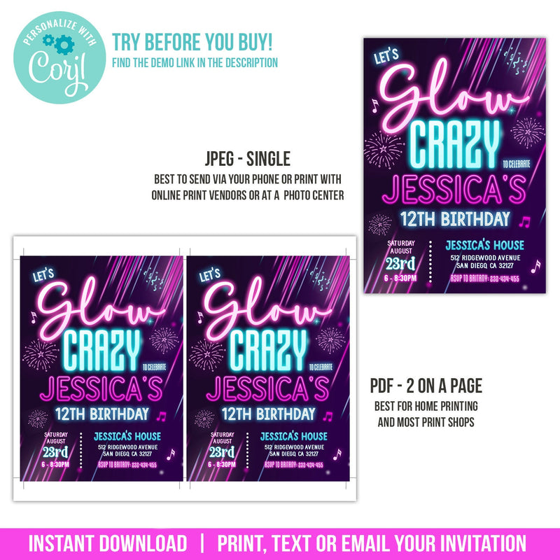 Glow in the Dark Birthday Invitation. EDITABLE Neon Glow Party Invite. Lets Glow Crazy. Girls Corjl GLO1