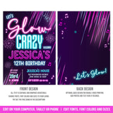 Glow in the Dark Birthday Invitation. EDITABLE Neon Glow Party Invite. Lets Glow Crazy. Girls Corjl GLO1