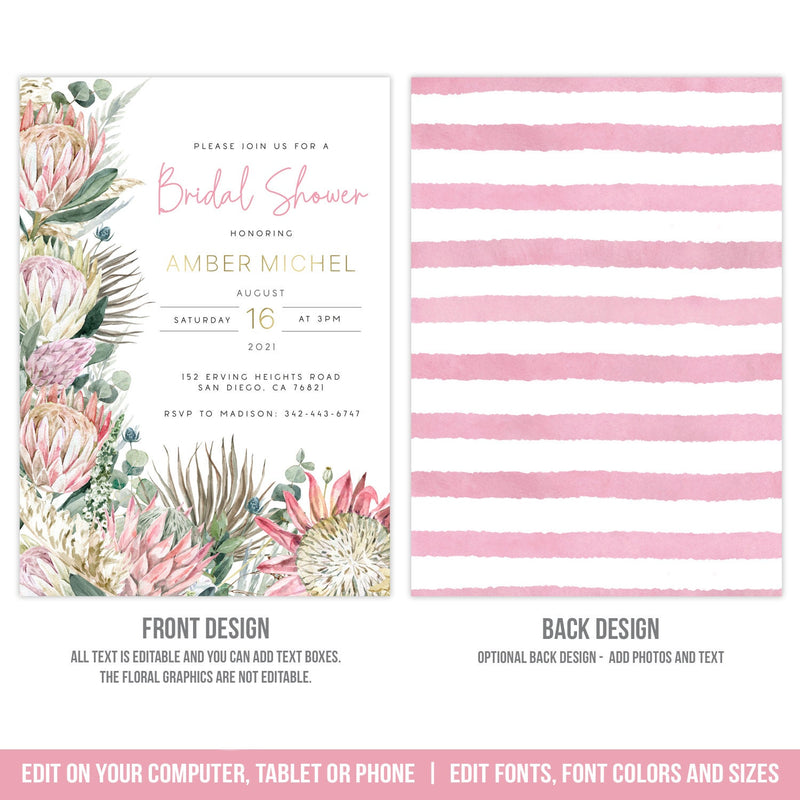 Bridal Shower Invitation. Bohemian Proteas Gold Boho EDITABLE Invite for a Bridal Shower BOH1