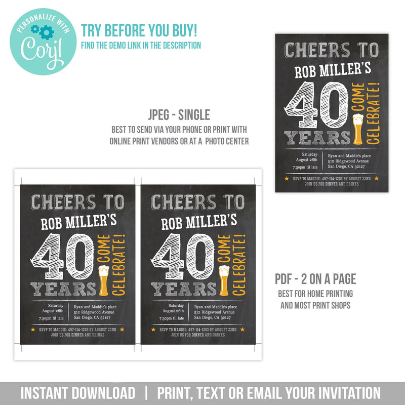 Editable Cheers to 40 Years Birthday Invitation, Beer theme digital invite for a man. Silver