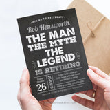 Editable Retirement invitation in The Man, The Myth, The Legend theme. With metallic silver and white on a classic chalkboard effect background, this elegant invite is perfect for a man who's retiring. Instant Download and Editable in Corjl. By Tangled Tulip Designs.