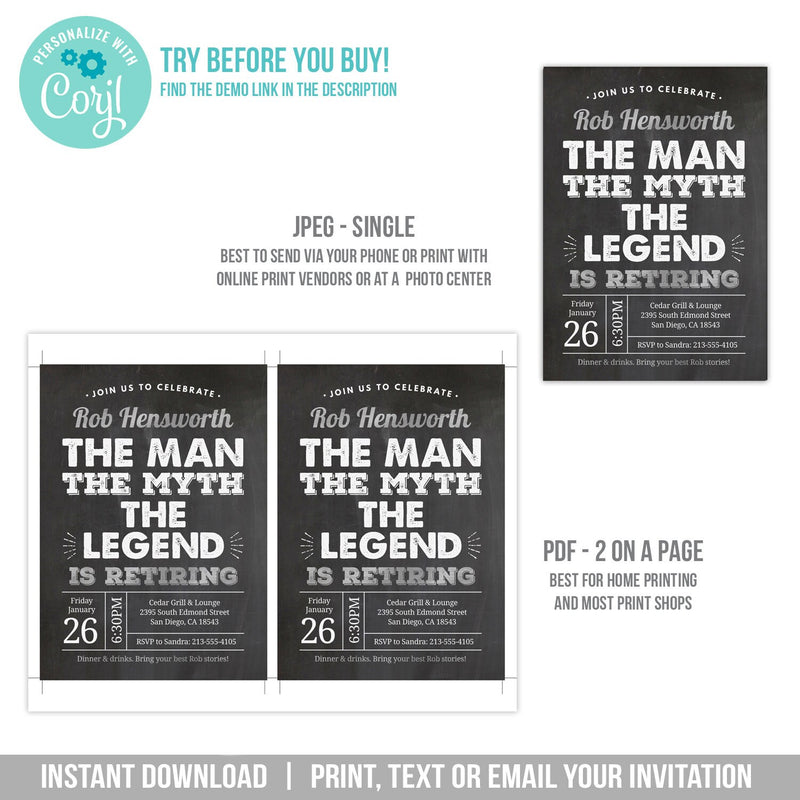 Editable Retirement Party Invitation for The Man, The Myth, The Legend, Retiring Digital Invite, Silver