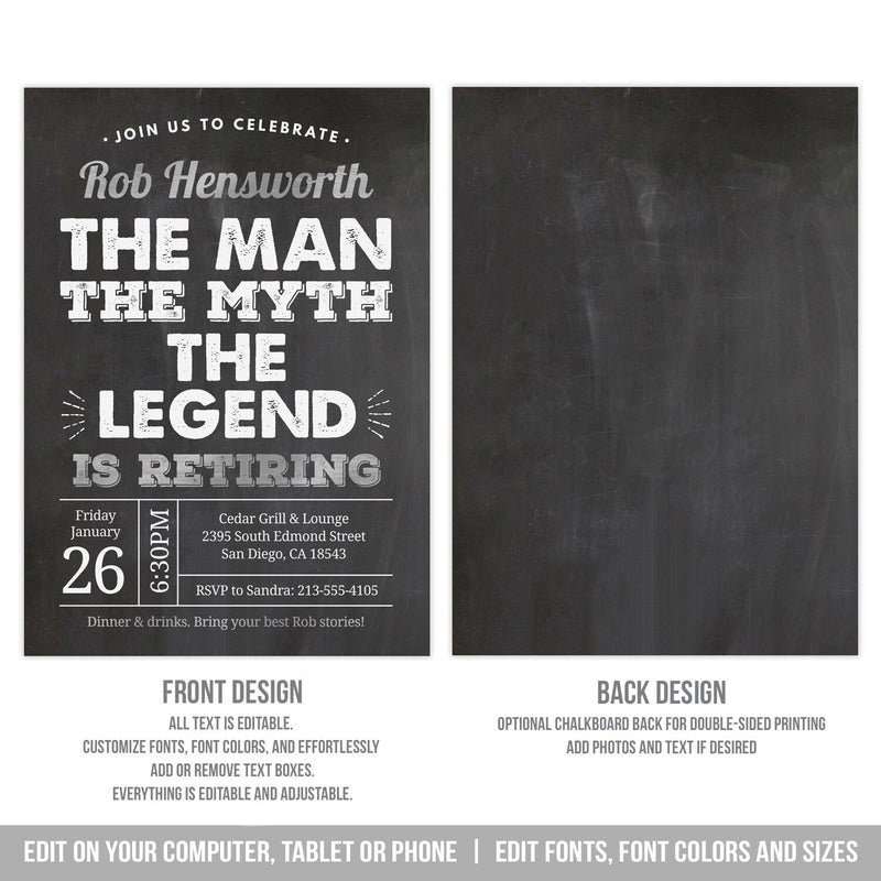 Editable Retirement Party Invitation for The Man, The Myth, The Legend, Retiring Digital Invite, Silver