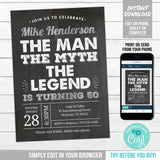 Editable The Man The Myth The Legend 50th Birthday Invitation, Digital Party Invite Template