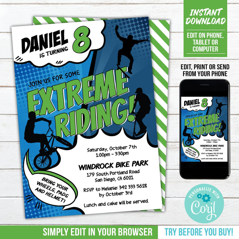 Editable Extreme Riding Birthday Invitation, Boy BMX Bike Skater Scooter Party Digital Invite